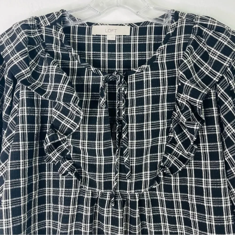 Loft black white plaid ruffle preppy cottagecore popover top large